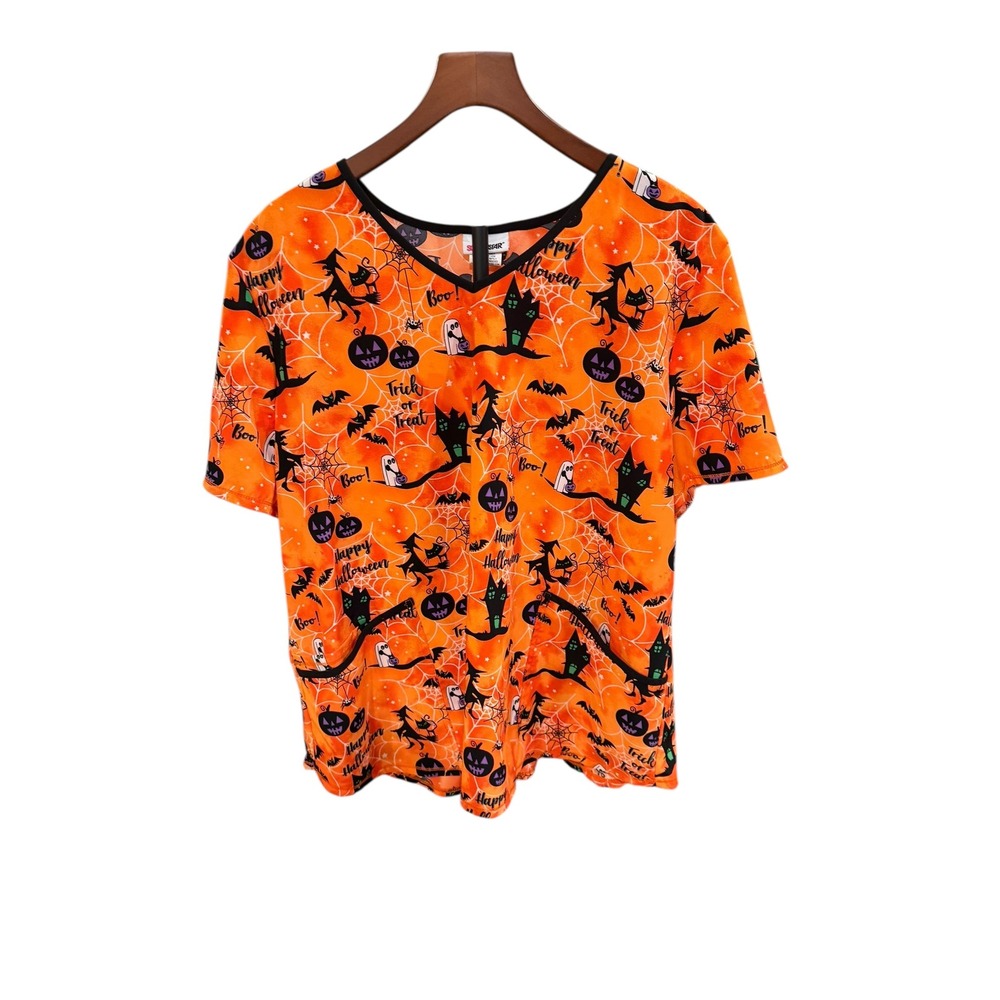 SCRUBSTAR Halloween Orange Pumpkin Witch Bat Print‎ V-Neck Scrub top Plus Sz 2X